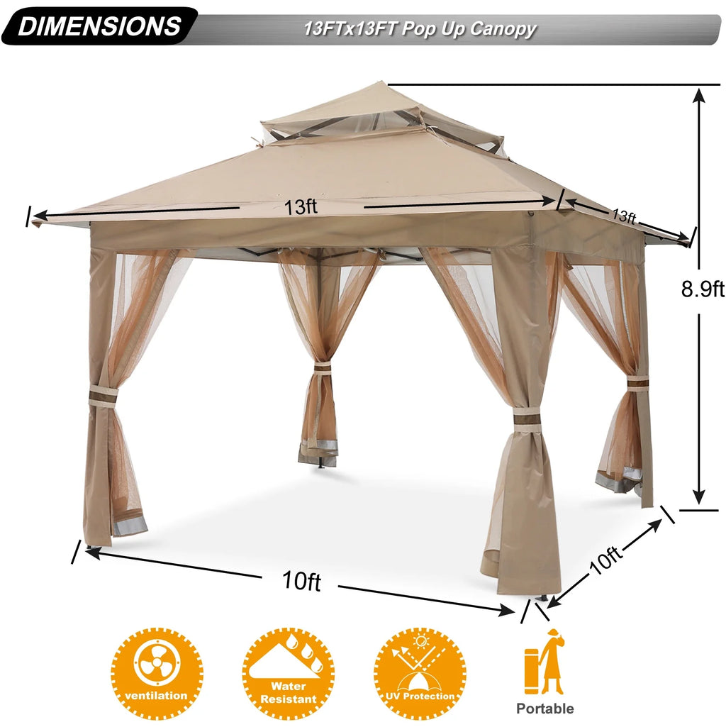 13'x13' Khaki Pop up Gazebo Canopy with Mosquito Netting R254