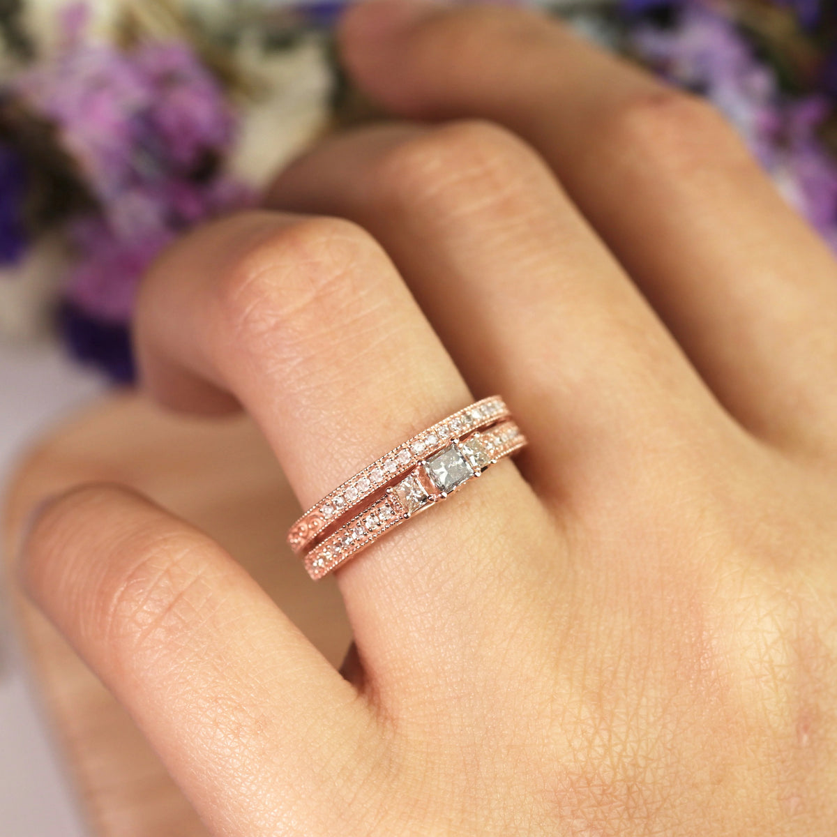 18K Rose Gold over Silver Three Stone Ring Set G231