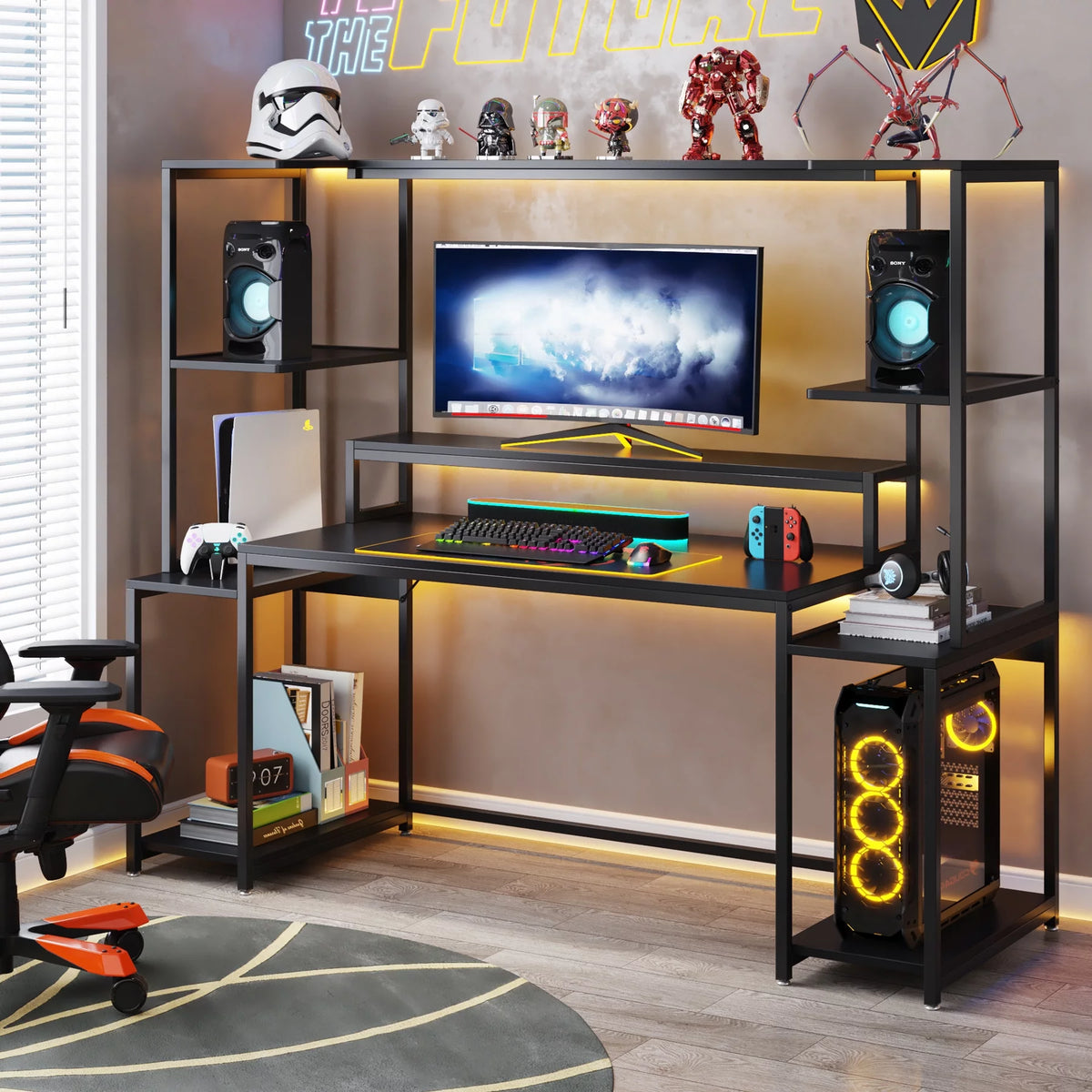 70 Inch Black Gaming Table with Hutch and Shelf E141