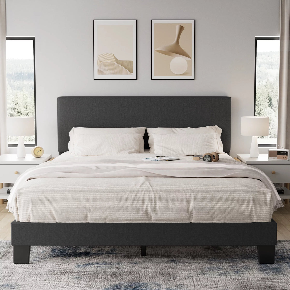Queen Size Dark Gray Upholstered Bed Frame L2374