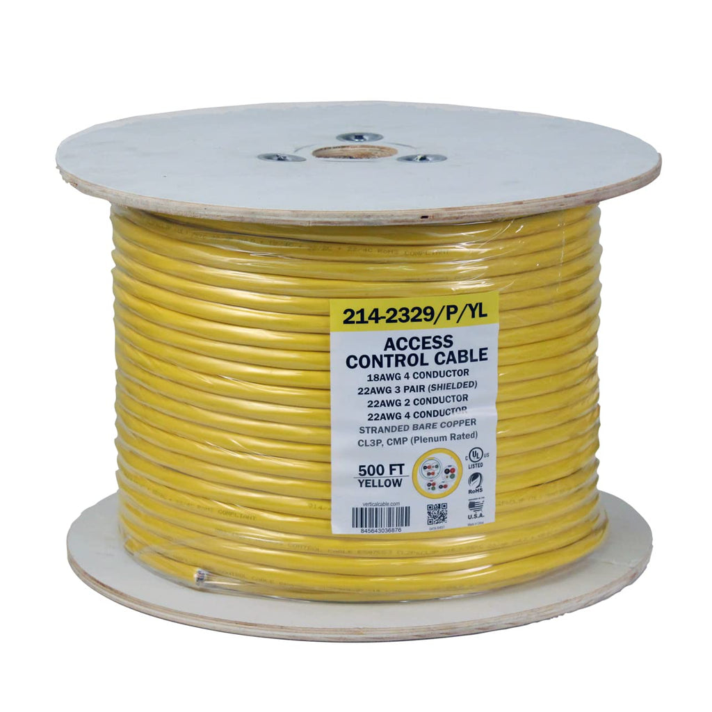 22AWG/3 Pair Shielded + 18AWG/4 Conductor + 22AWG/4 Conductor + 22AWG/2 Conductor Stranded Bare Copper Cable, 500ft Spool, Yellow G81903