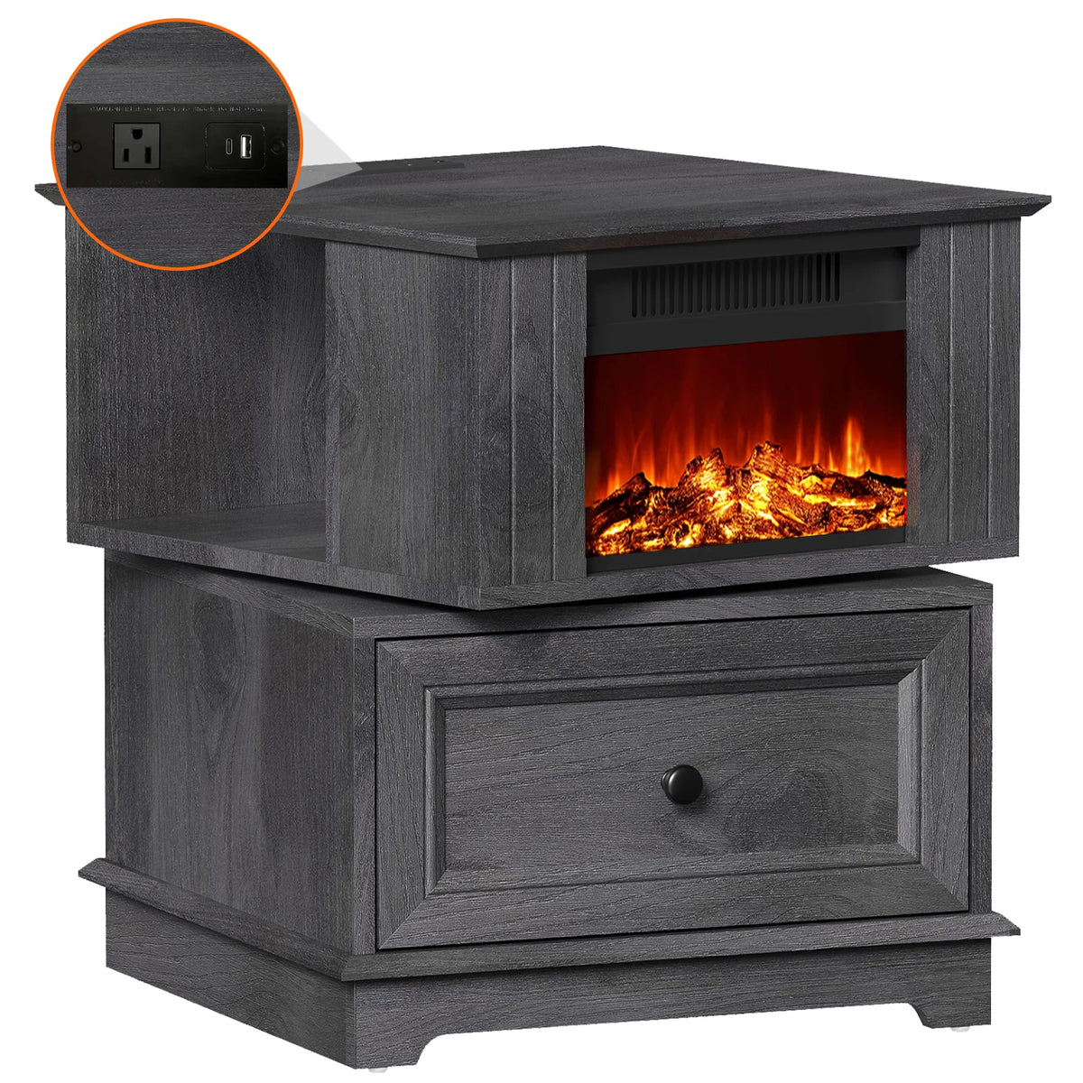 Rotating Fireplace End Table with Electric Fireplace Heater, Storage, Built-in Outlets Z1200