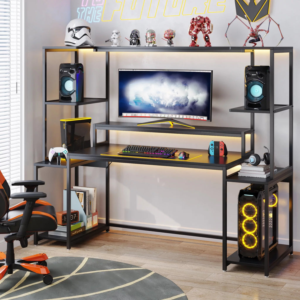 70 Inch Black Gaming Table with Hutch and Shelf E141