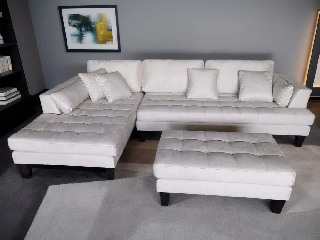 3pc Cream Microfiber Sectional Sofa Chaise Ottoman V2002