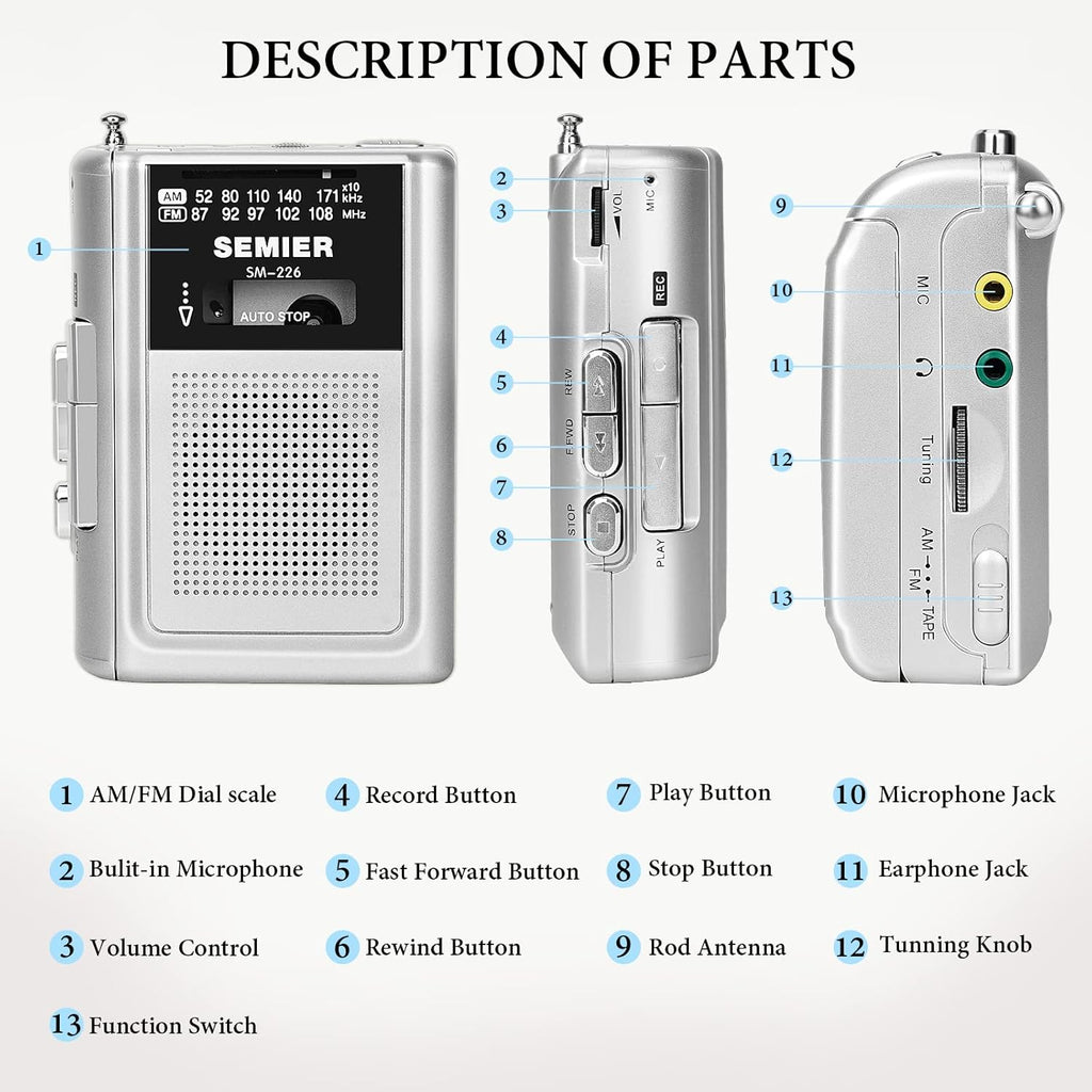 Silver Portable Cassette Player Recorder AM FM Radio Stereo with Built in Speaker and Earphones J5476