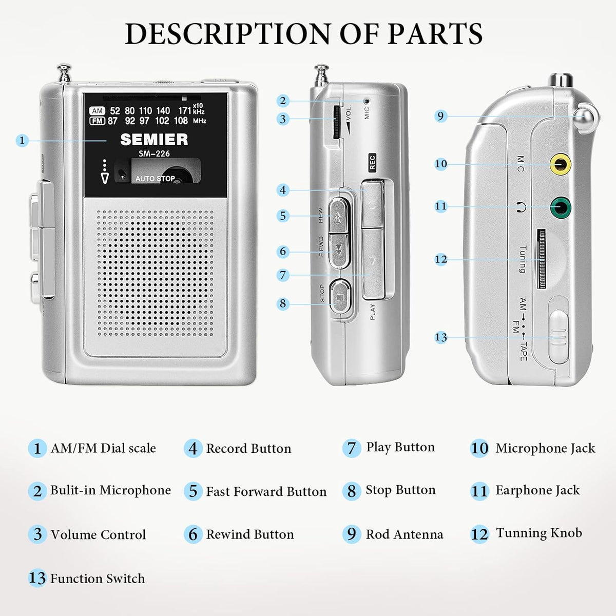 Silver Portable Cassette Player Recorder AM FM Radio Stereo with Built in Speaker and Earphones J5476