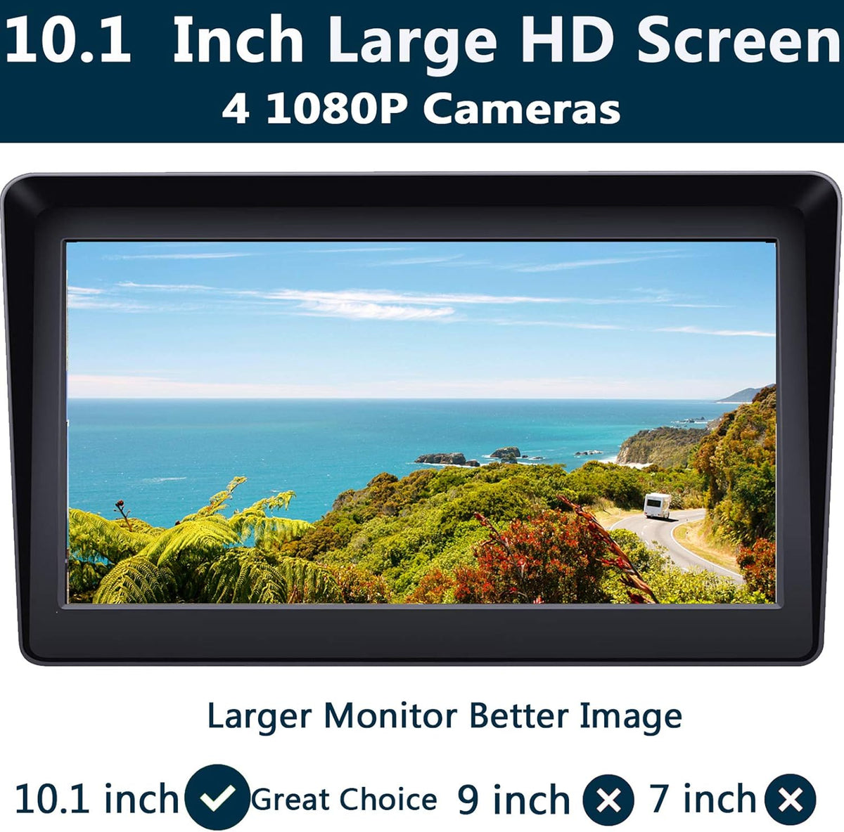 128GB 10.1 Audio Monitor Backup Camera Built-in DVR Dash Cam 1080P HD 4 Split Screen IP69 Waterproof J5446