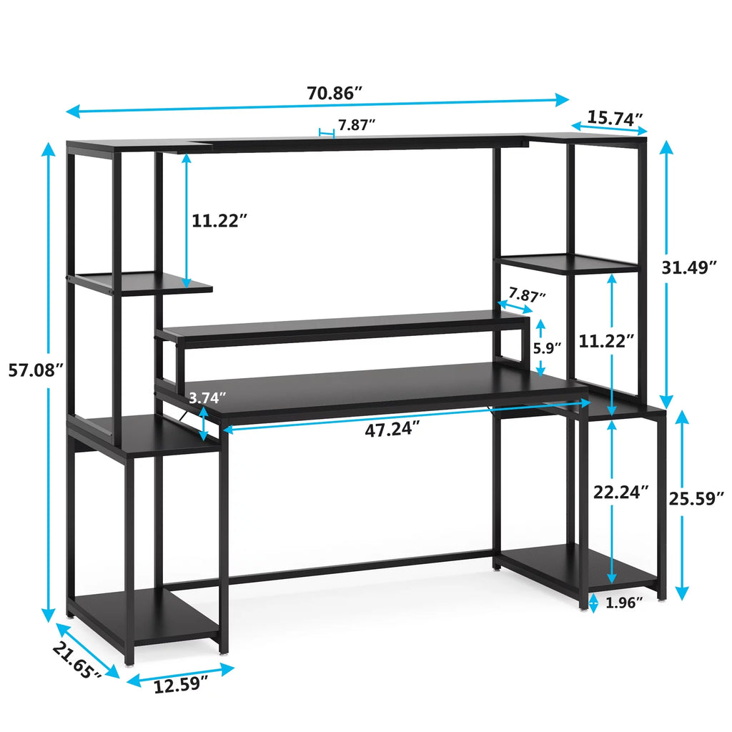 70 Inch Black Gaming Table with Hutch and Shelf E141