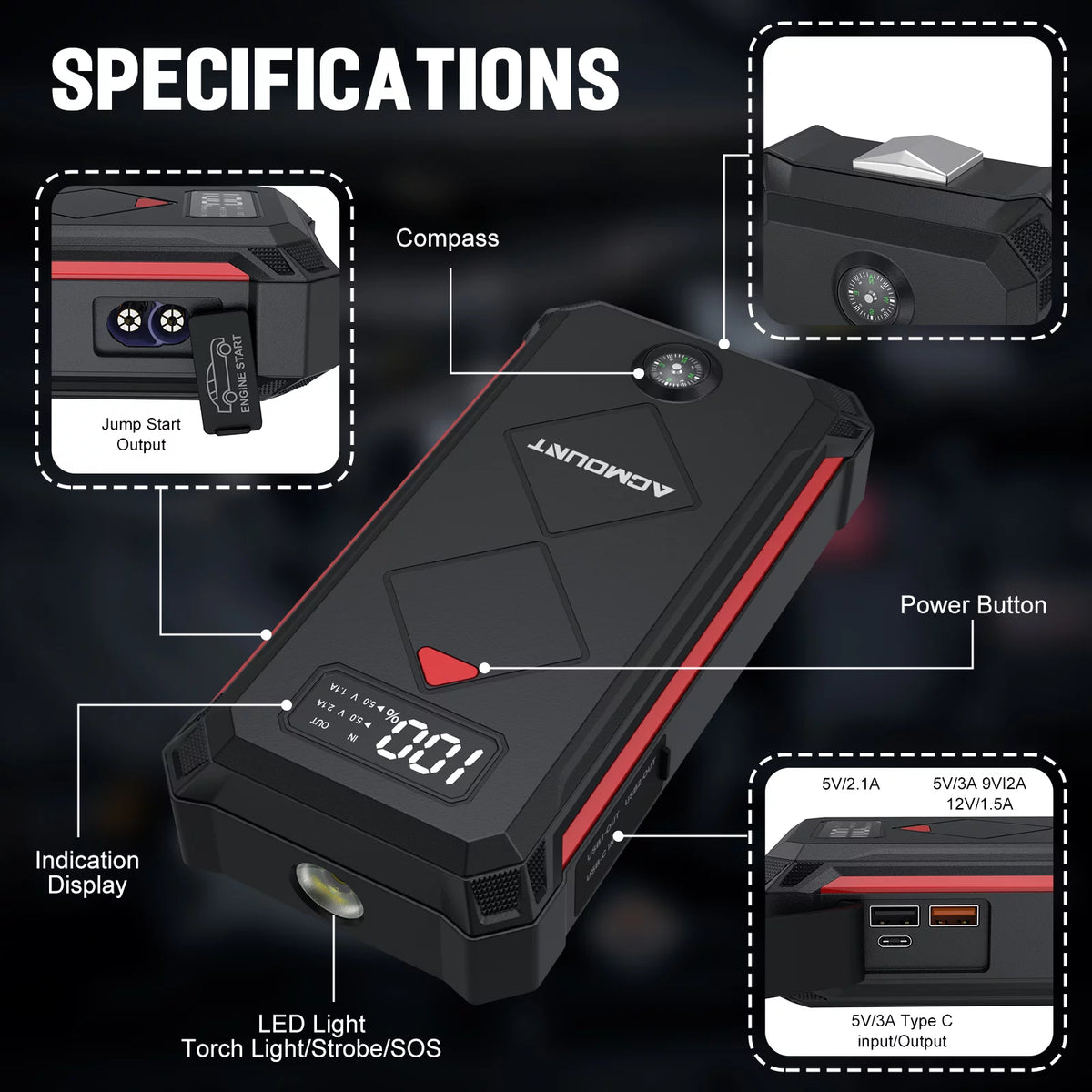 2000A 12V Portable Battery Jump Starter Box with LED Screen H7956