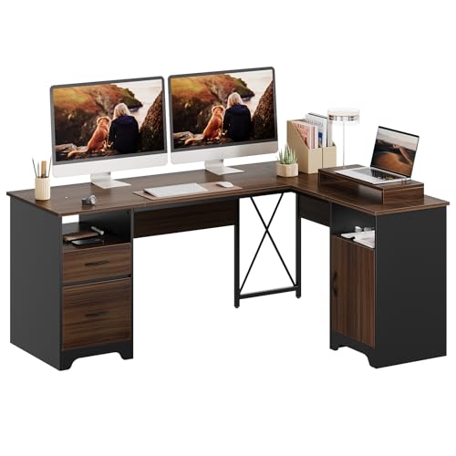 Gray L Shaped Desk with File Drawers, 63" x 47" Corner Desk with Monitor Stand I704