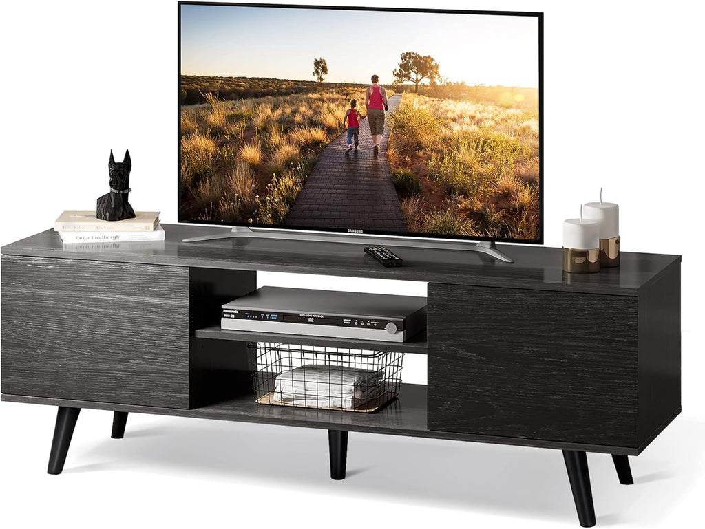 Gray Oak TV Stand with Storage Cabinet and Open Shelves R80243