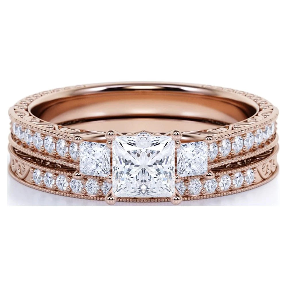 18K Rose Gold over Silver Three Stone Ring Set G231