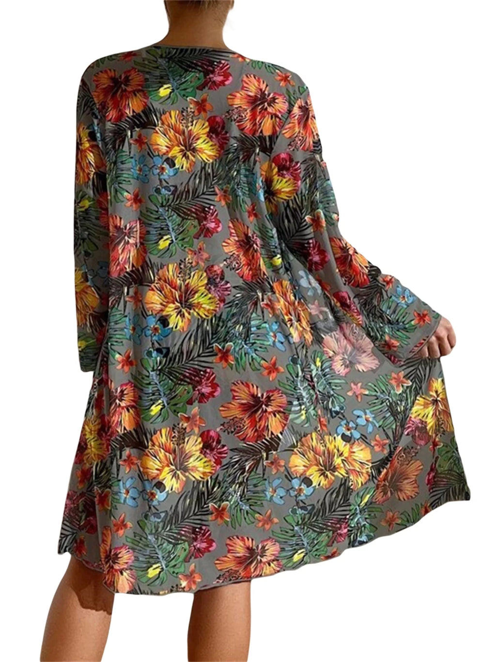 3 Pcs Floral Leaves Print Sling Padded Bra Thong Bottoms Long Sleeve Open Front Cover-Ups Bikini J422968