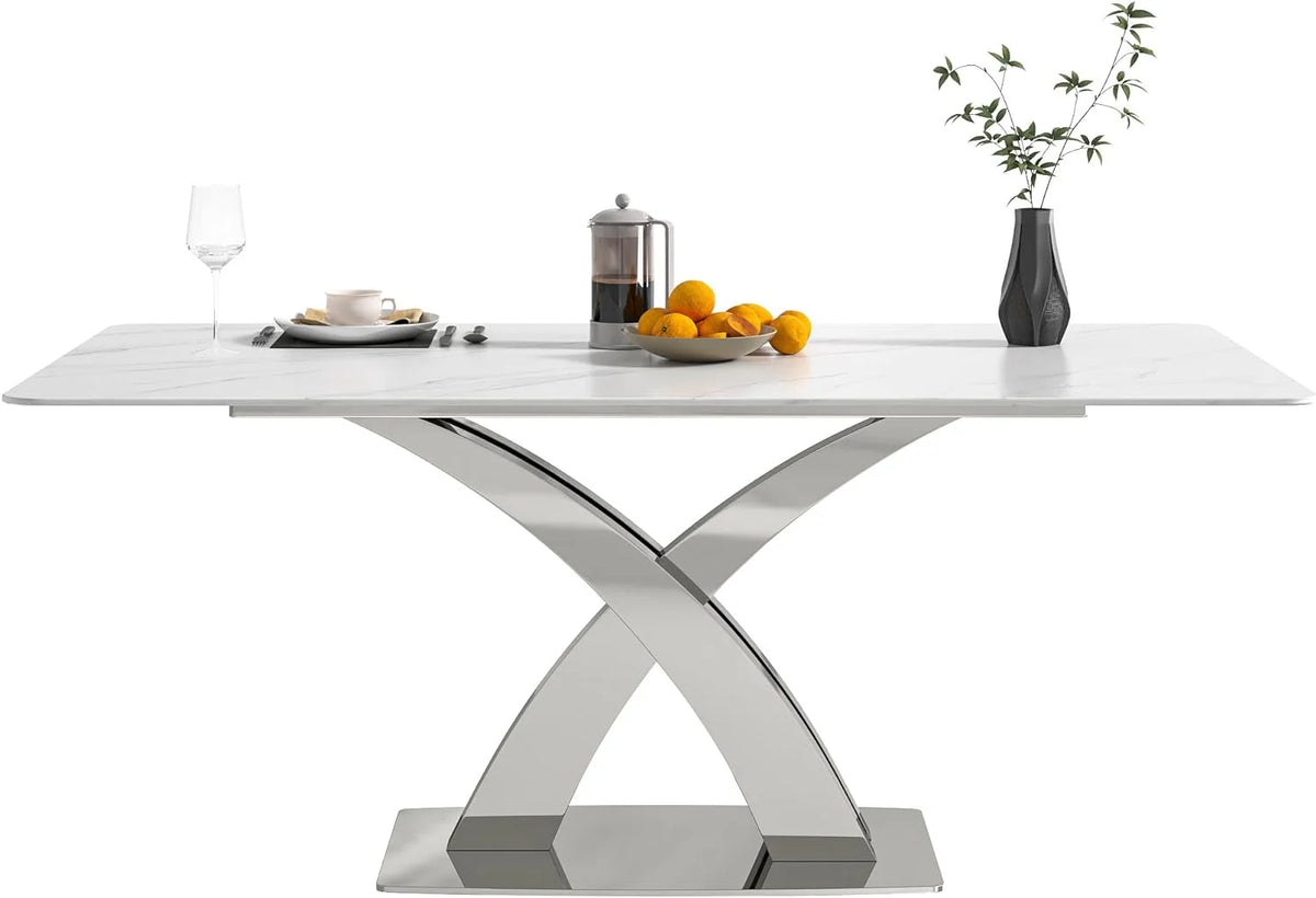 White Sintered Stone Dining Table for 8, Stainless Steel Base B241869
