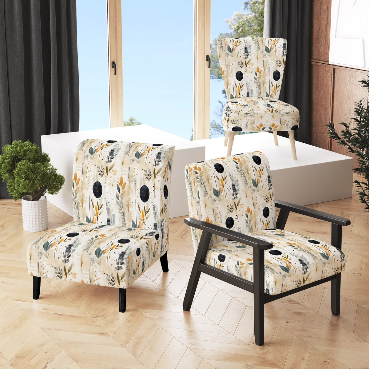 Beige Upholstered Floral Accent Chair and Cottage Arm Chair C418311