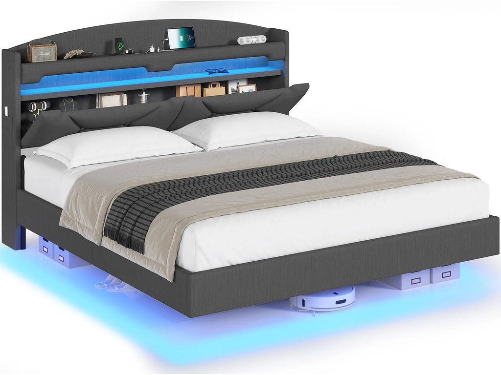 Floating Full Size Upholstered Platform Bed with Storage Headboard C489