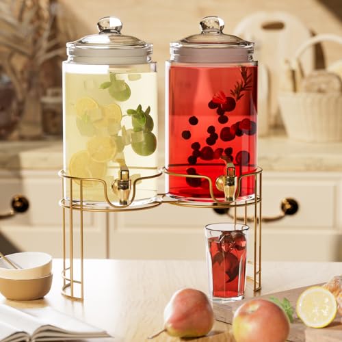 2 Pack 1 Gallon Glass Beverage Dispenser with Stand and Spigot H240