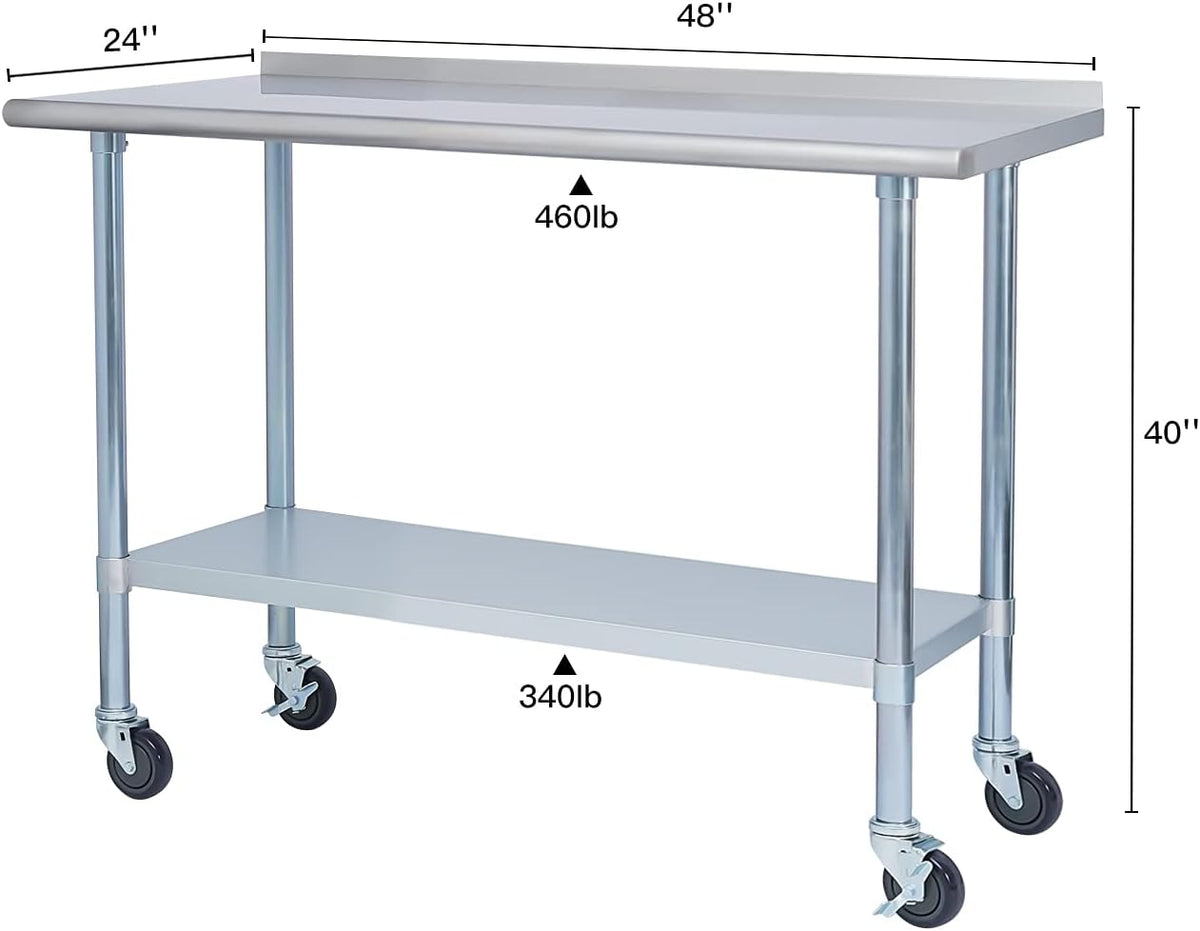 Stainless Steel 24 x 48 Inches Worktable with Backsplash, Adjustable Shelf and Caster Wheel P4165