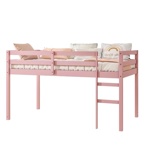 Twin Size Solid Wood Loft Bed Frame with Ladder and Safety Guardrail (White) B177