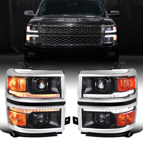 2014-2015 Chevy Silverado 1500 Black Chrome Trim Headlights Assembly Pair Y4502