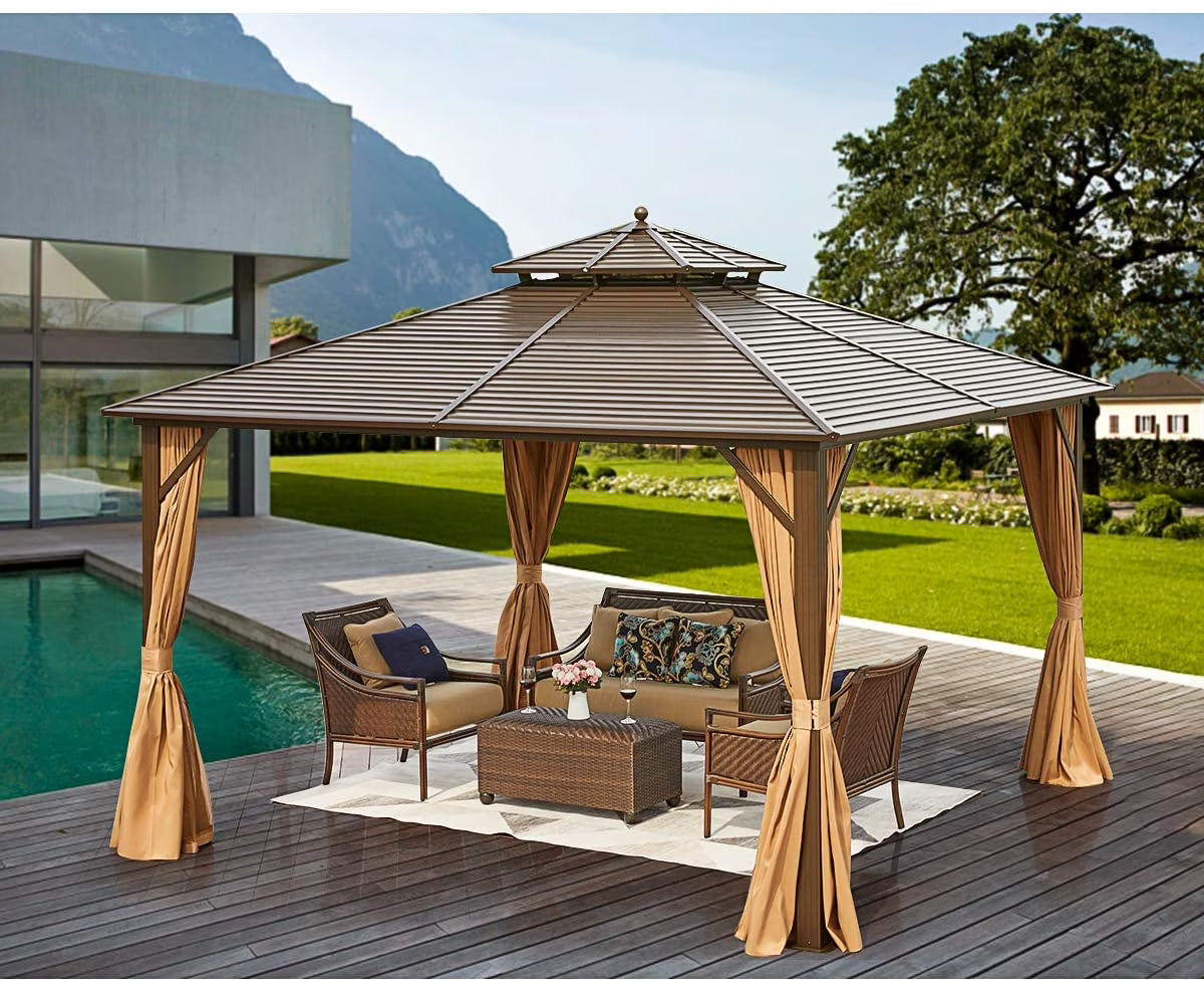 12' x 12' Hardtop Galvanized Steel Gazebo with Aluminum Frame and Netting and Curtains M7383