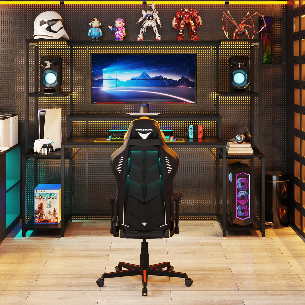 70 Inch Black Gaming Table with Hutch and Shelf E141