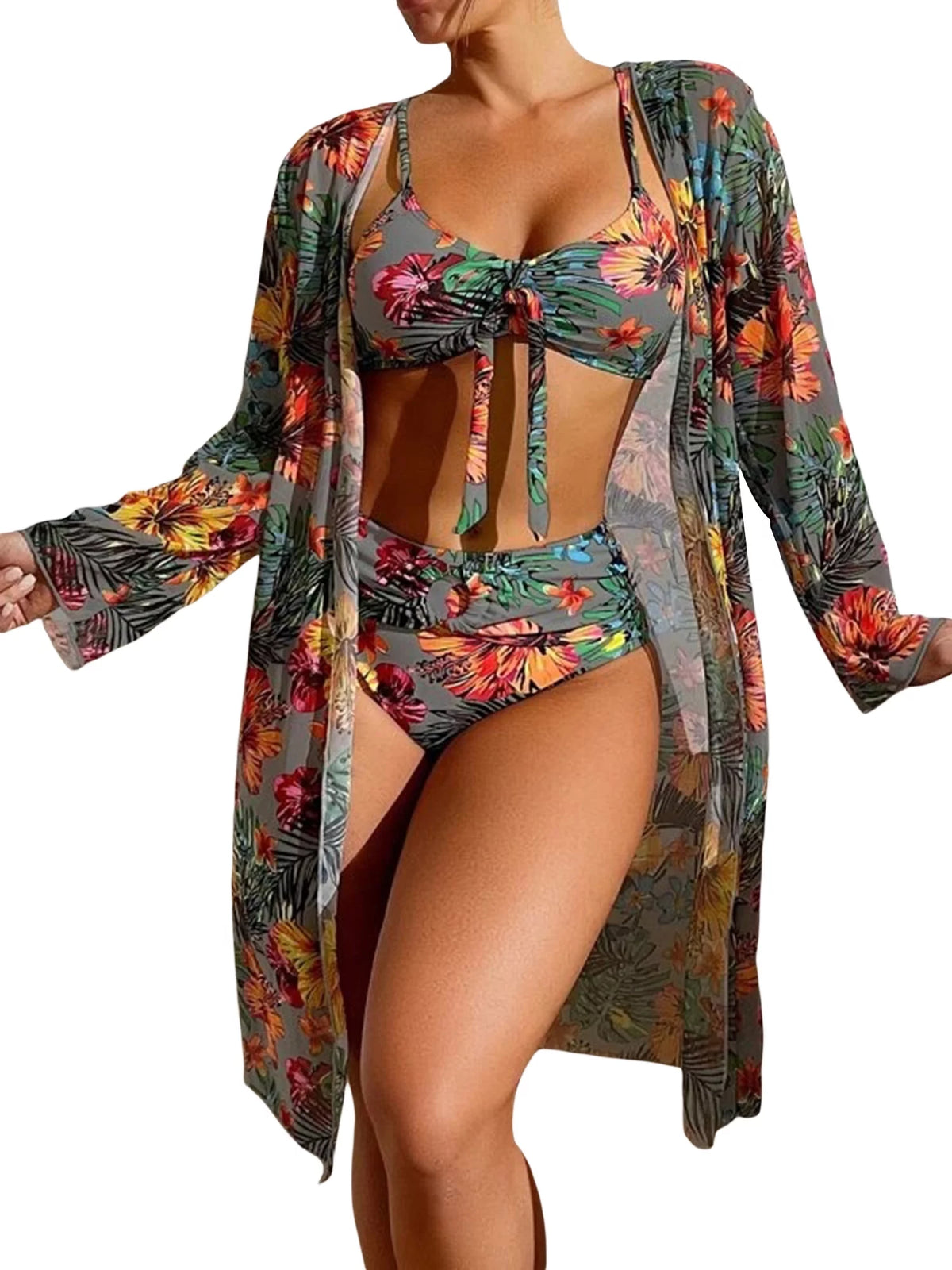 3 Pcs Floral Leaves Print Sling Padded Bra Thong Bottoms Long Sleeve Open Front Cover-Ups Bikini J422968