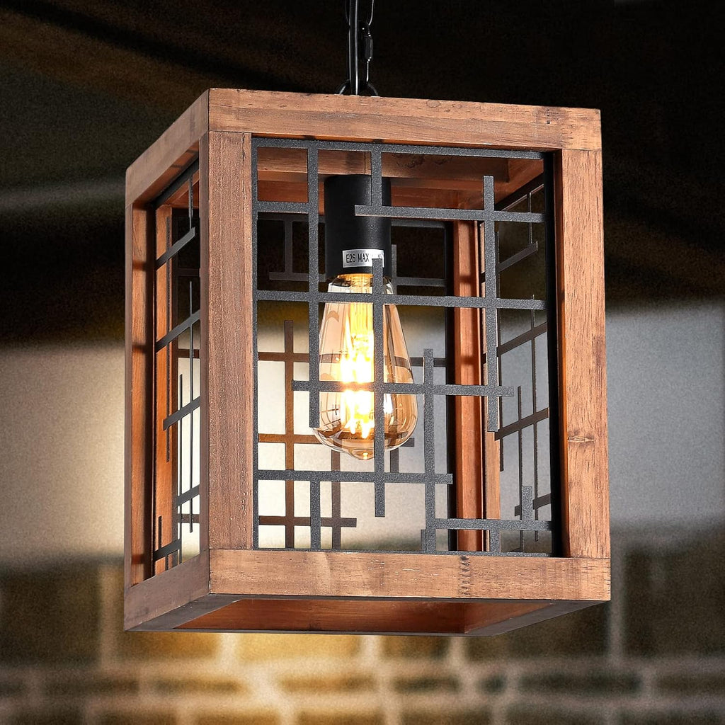 3-Lights Wood Chandelier with Cage Shade L865633