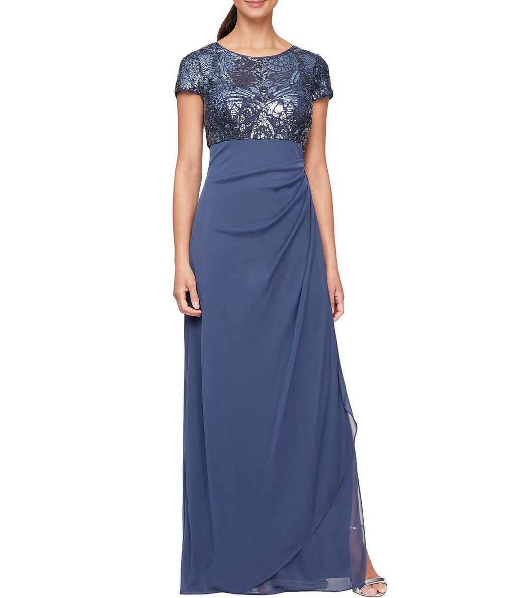 Cap Sleeve Stretch Sequin Side Ruffle Gown Q80673
