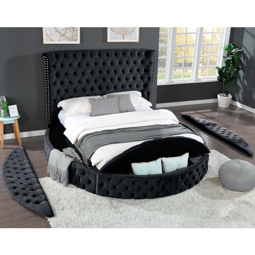 Queen Velvet Round Bed Frame with Wingback Headboard and Storage I560589