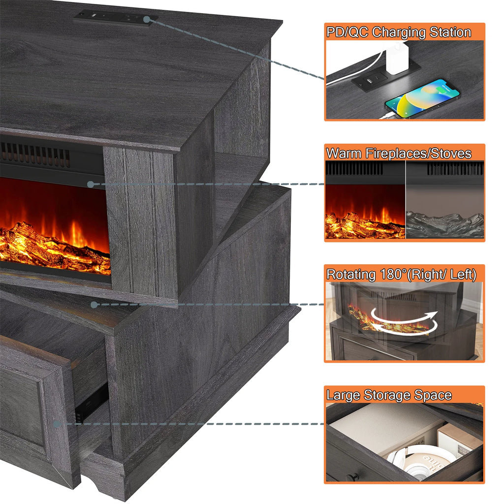 Rotating Fireplace End Table with Electric Fireplace Heater, Storage, Built-in Outlets Z1200