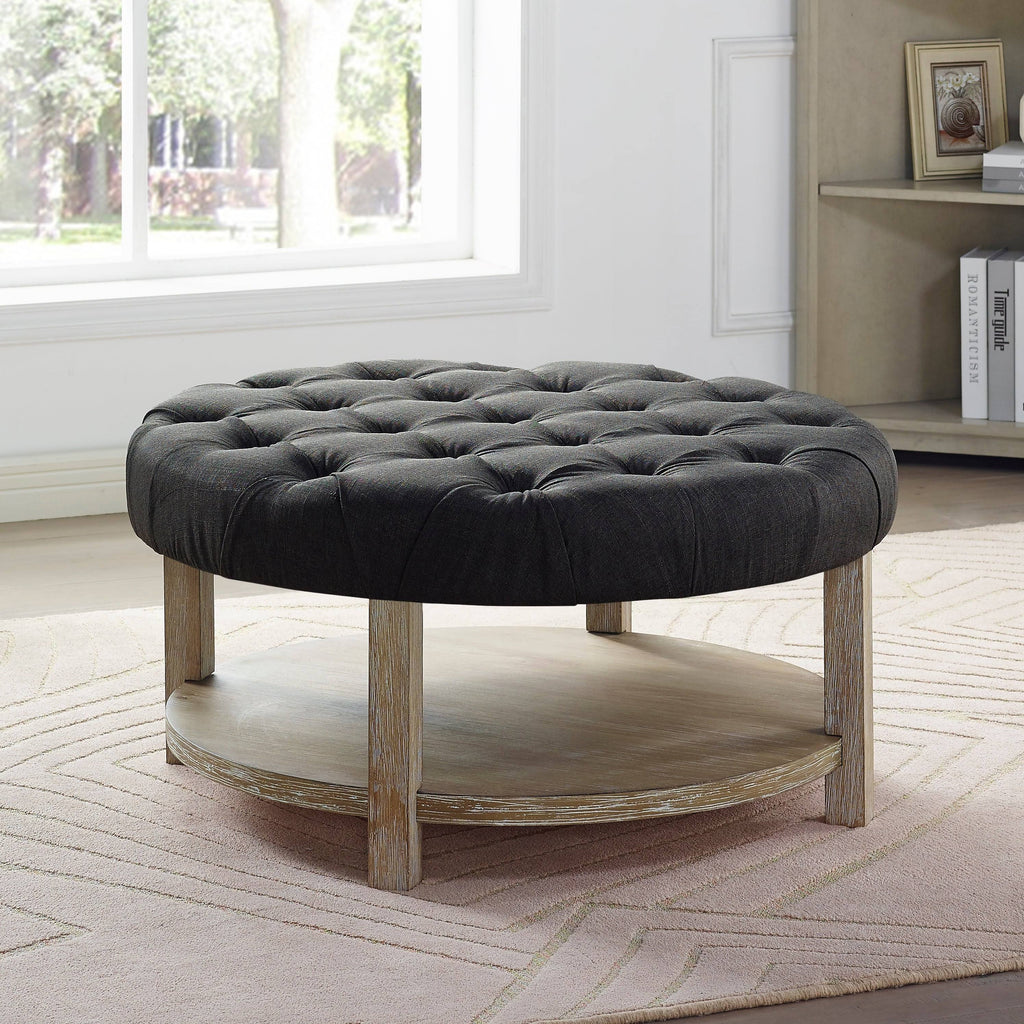 Dark Grey Round Button Tufted Ottoman L54619