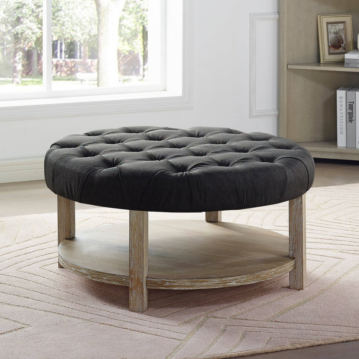 Dark Grey Round Button Tufted Ottoman L54619