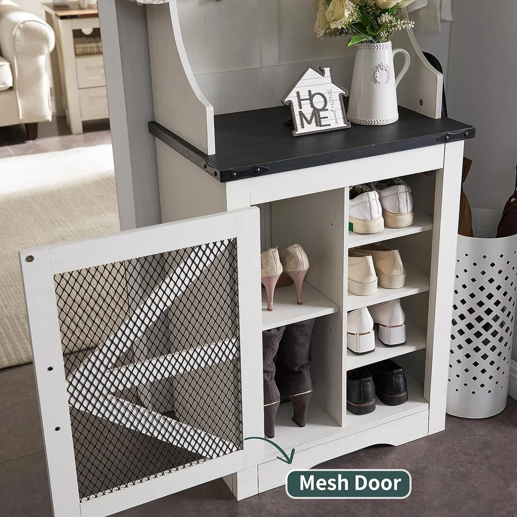 White Hall Tree with Coat Rack and Shoe Storage Bench Y839540