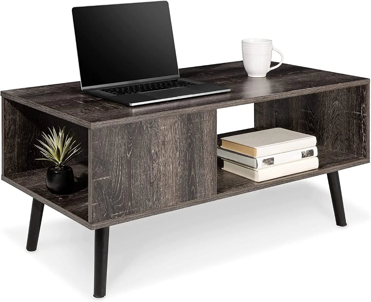Mid-Century Modern Wooden Coffee Table with Open Storage Shelf F38444