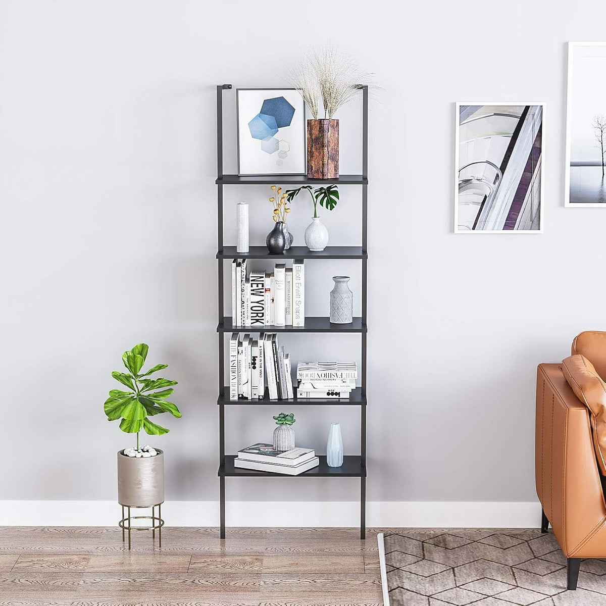 5-Shelf Black Wood Bookcase with Metal Frame P68500
