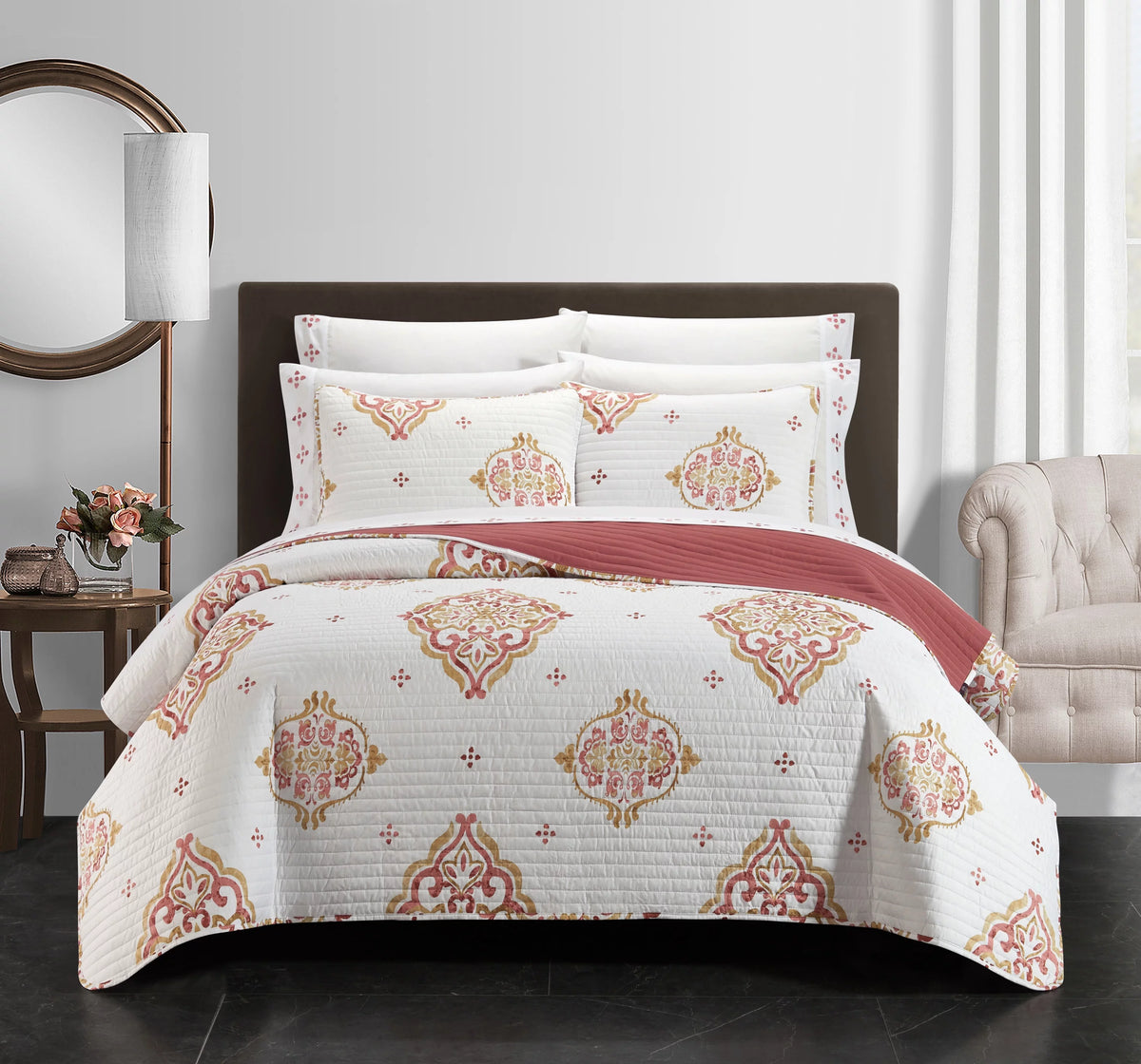 9-Piece Medallion Quilt Set King Coral Gold White P93987
