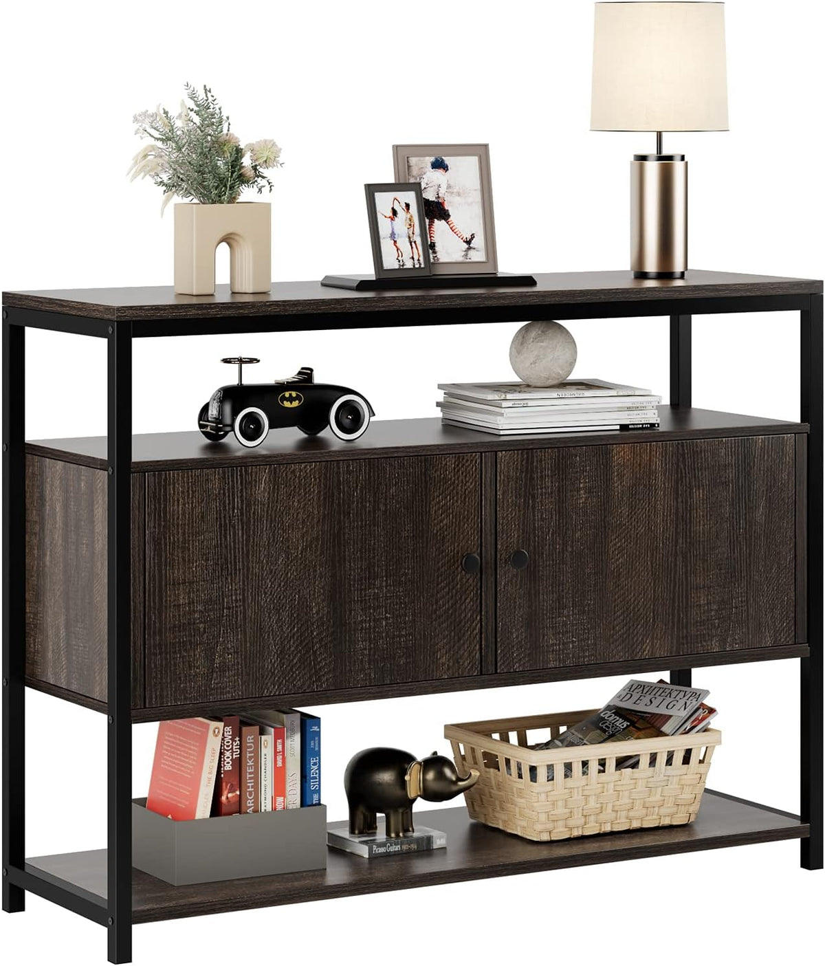 Walnut Brown 3-Tier Console Table with 2 Cabinet Doors Z6283