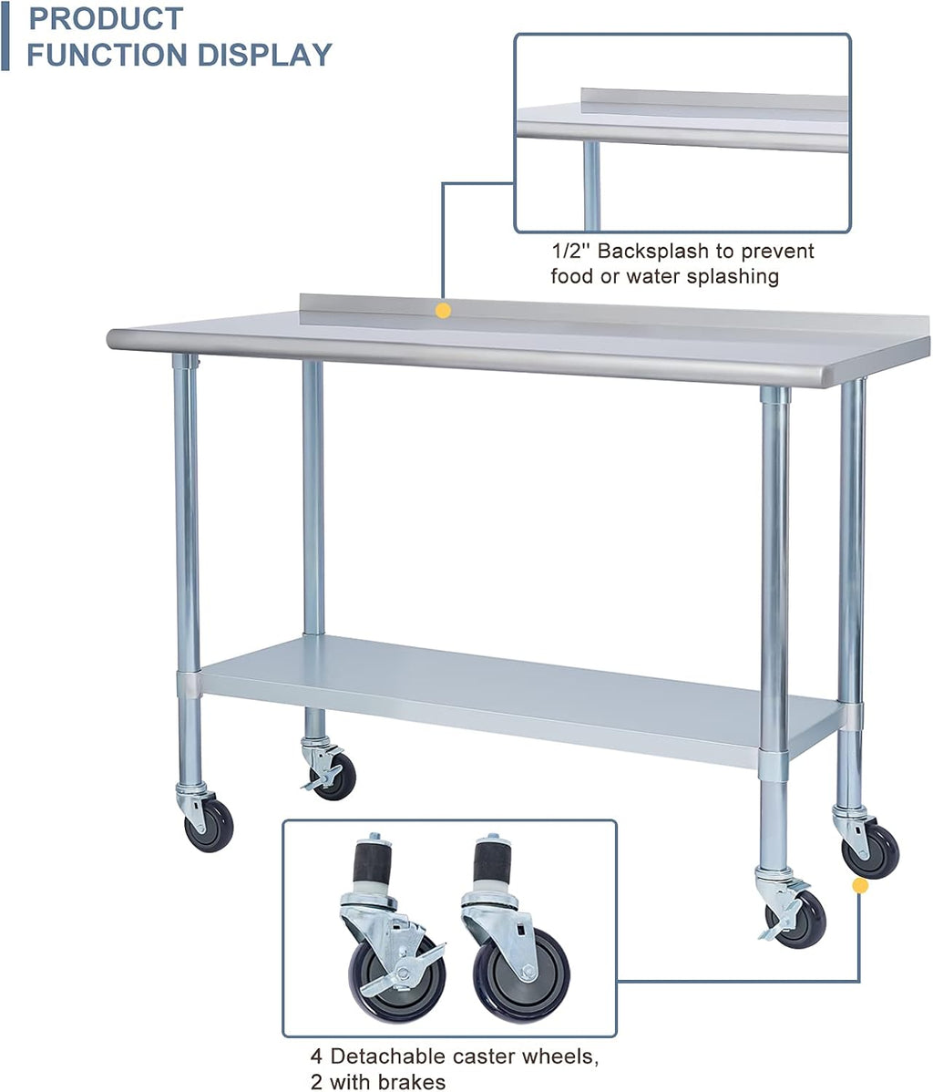 Stainless Steel 24 x 48 Inches Worktable with Backsplash, Adjustable Shelf and Caster Wheel P4165