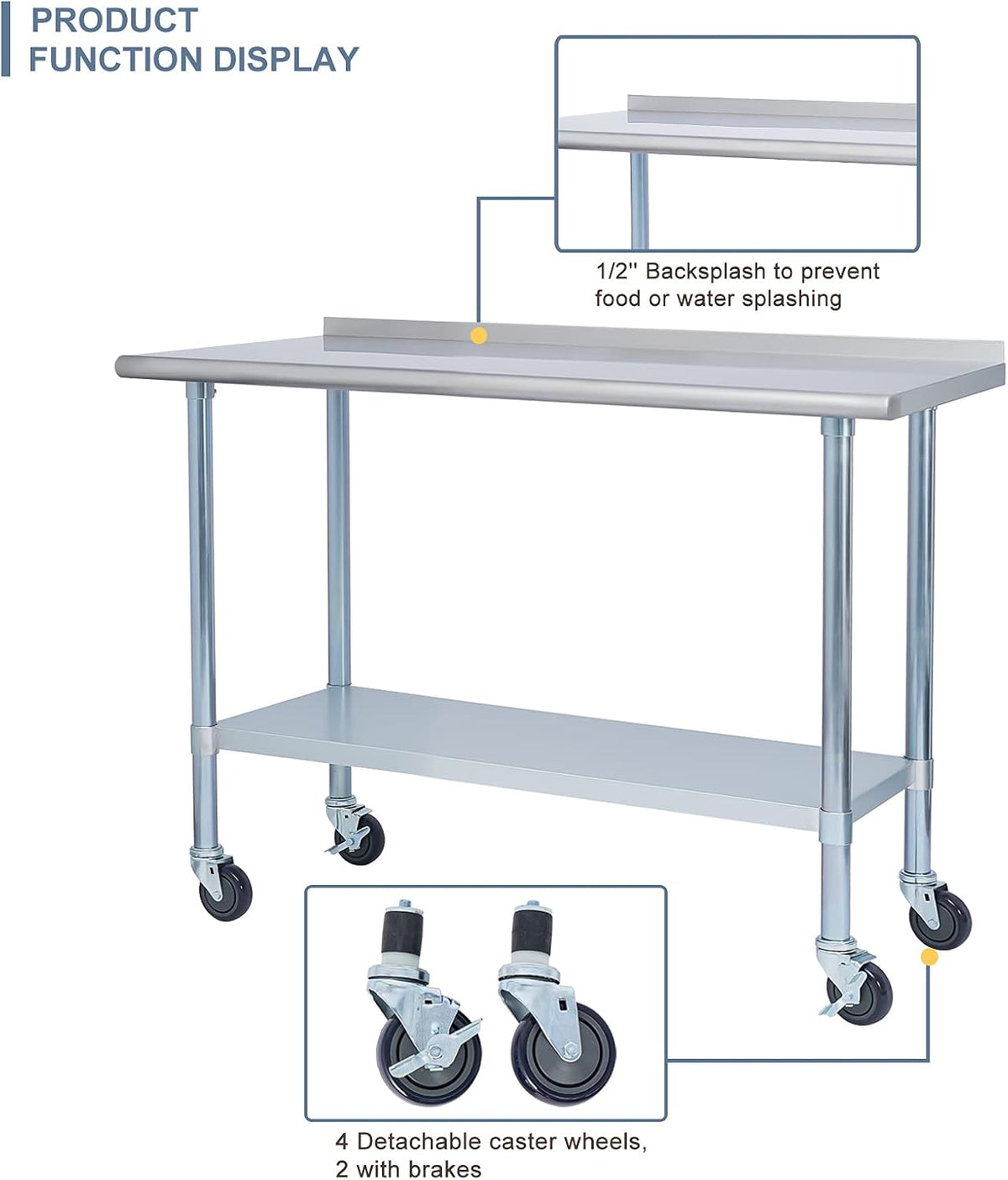 Stainless Steel 24 x 48 Inches Worktable with Backsplash, Adjustable Shelf and Caster Wheel P4165