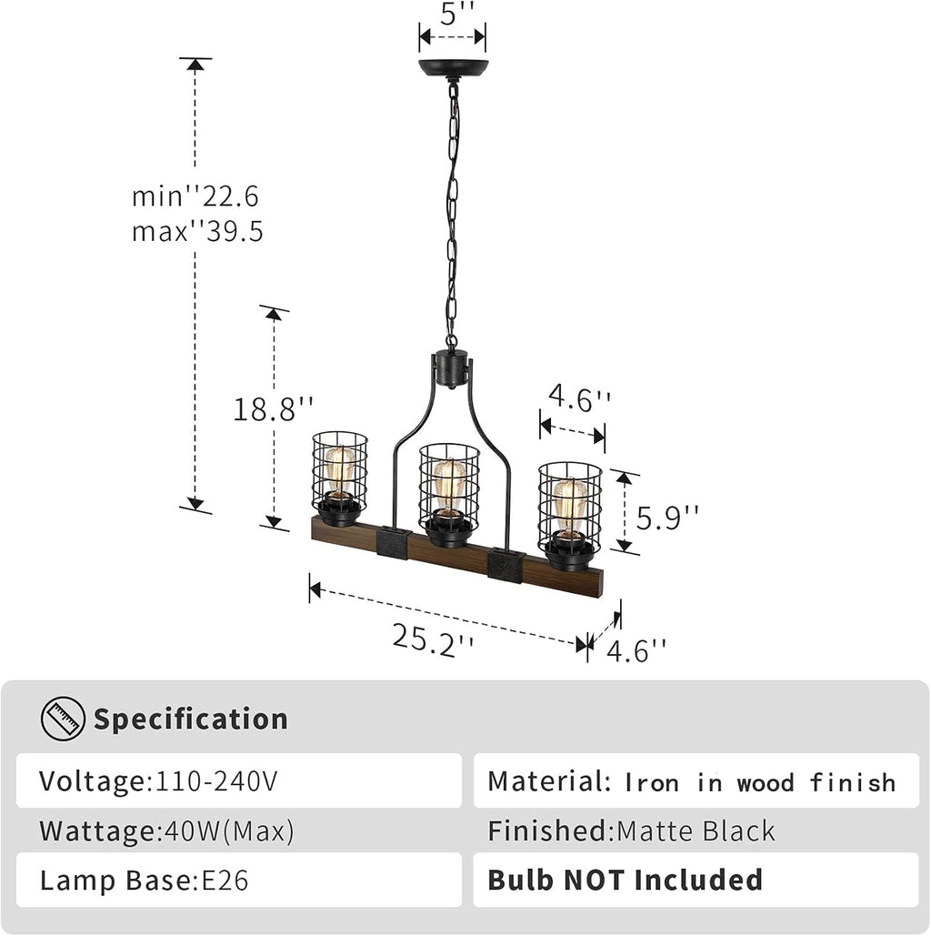 3-Lights Wood Chandelier with Cage Shade L865633