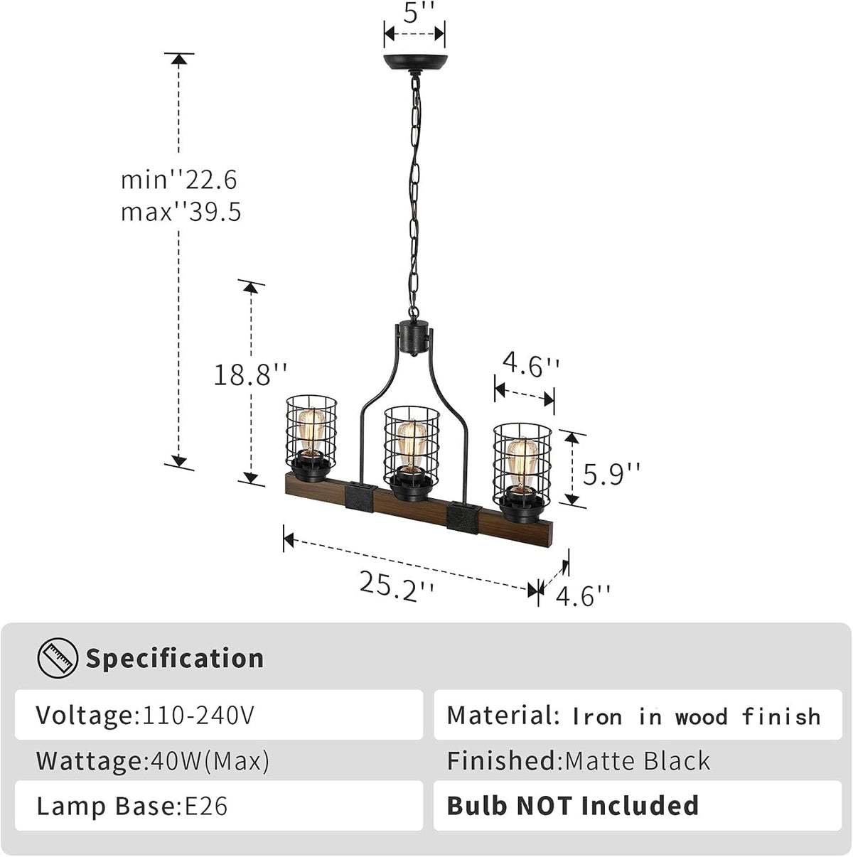 3-Lights Wood Chandelier with Cage Shade L865633