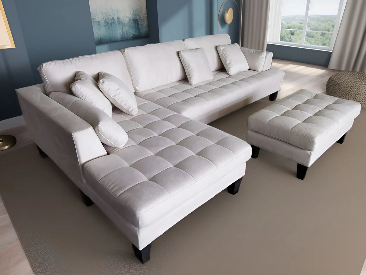 3pc Cream Microfiber Sectional Sofa Chaise Ottoman V2002