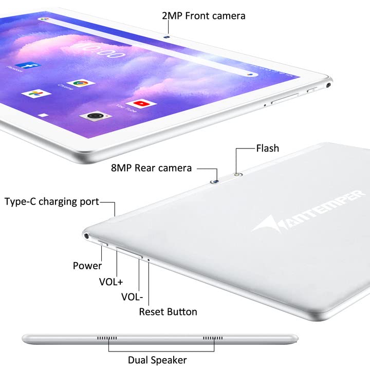 10.1 Inch Android Tablet with Keyboard 4GB RAM 64GB 128GB Expandable Silver U1341
