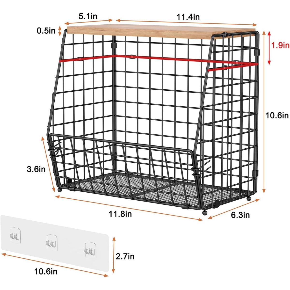 3 Pack Hanging Wire Basket with Wood Lid & S Hook F269