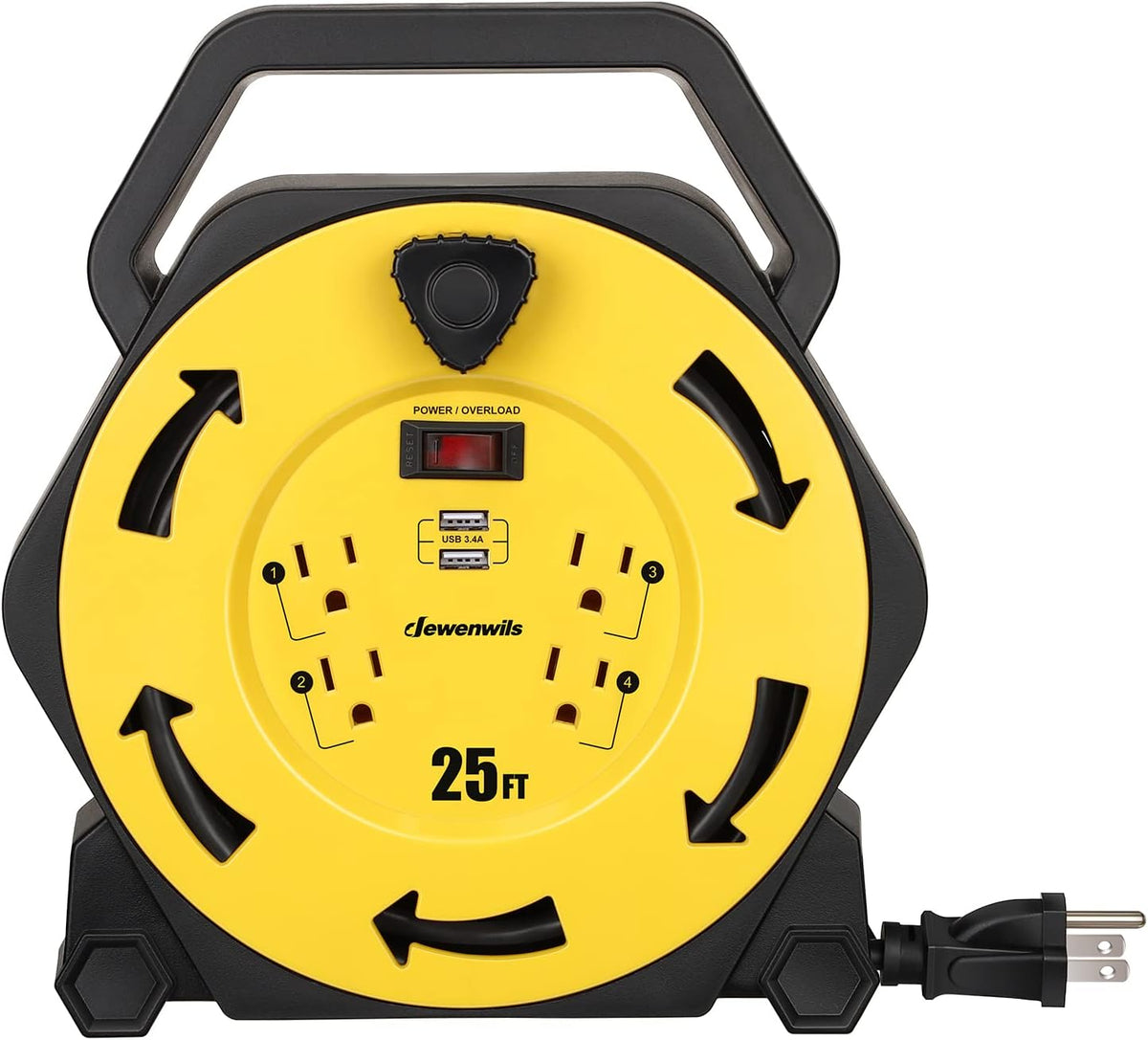 25FT Retractable Extension Cord Reel with 4 Outlets and 2 USB Ports I111