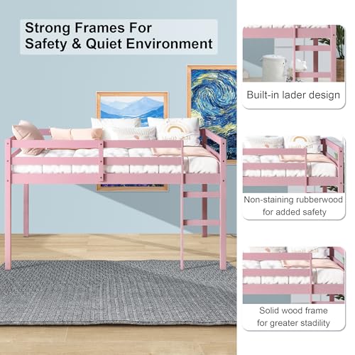 Twin Size Solid Wood Loft Bed Frame with Ladder and Safety Guardrail (White) B177