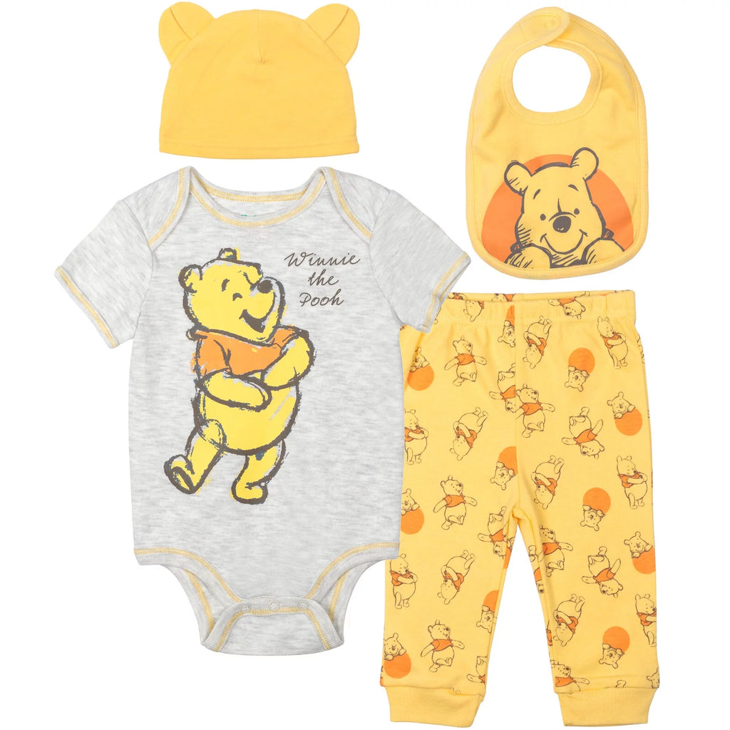 Newborn Baby Boys Bodysuit Pants Bib and Hat 4 Piece Outfit Set G51853