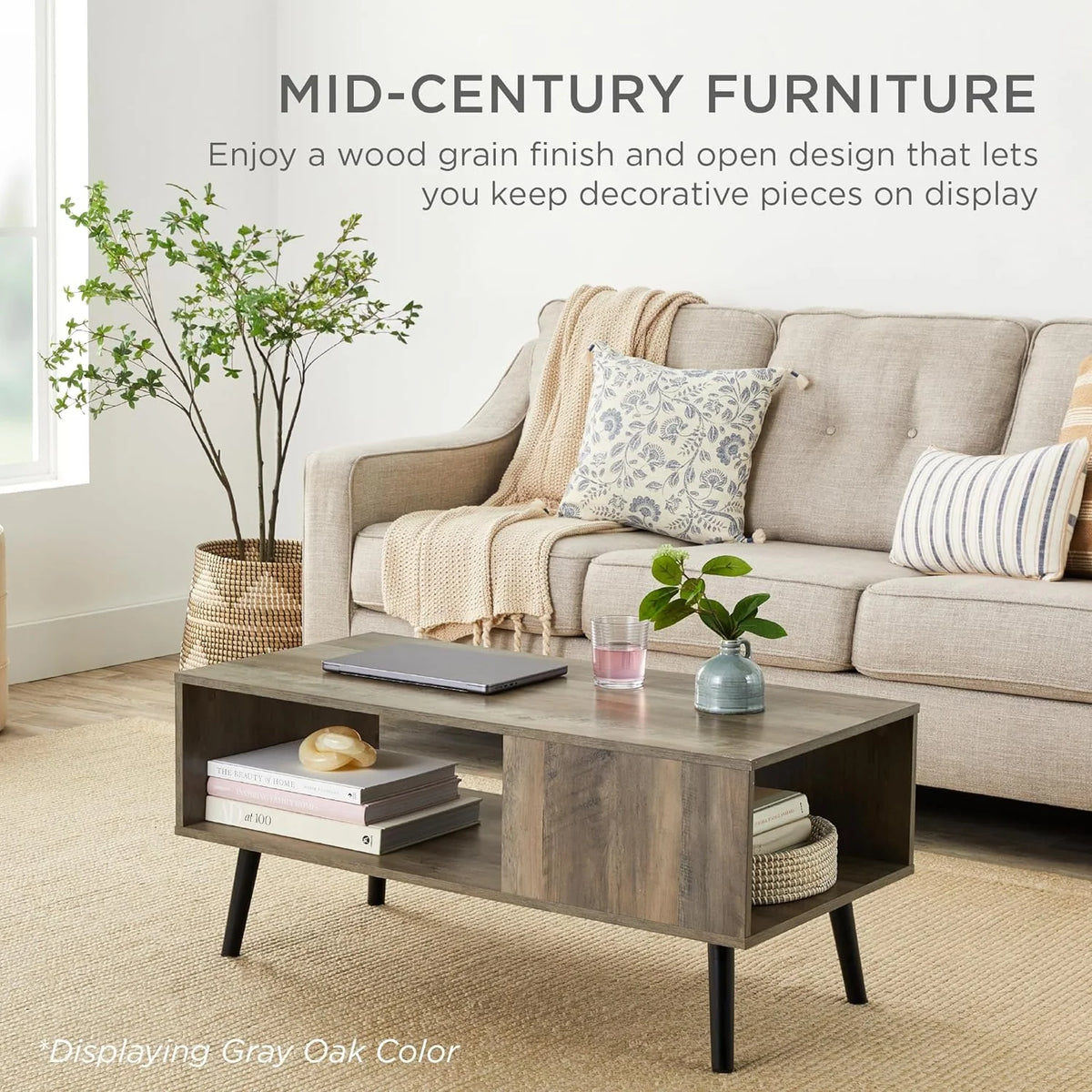 Mid-Century Modern Wooden Coffee Table with Open Storage Shelf F38444