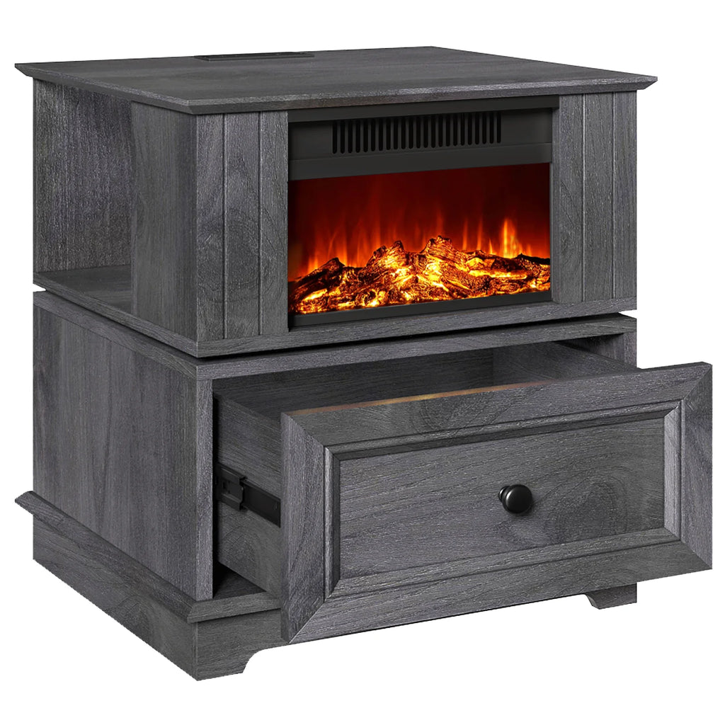 Rotating Fireplace End Table with Electric Fireplace Heater, Storage, Built-in Outlets Z1200